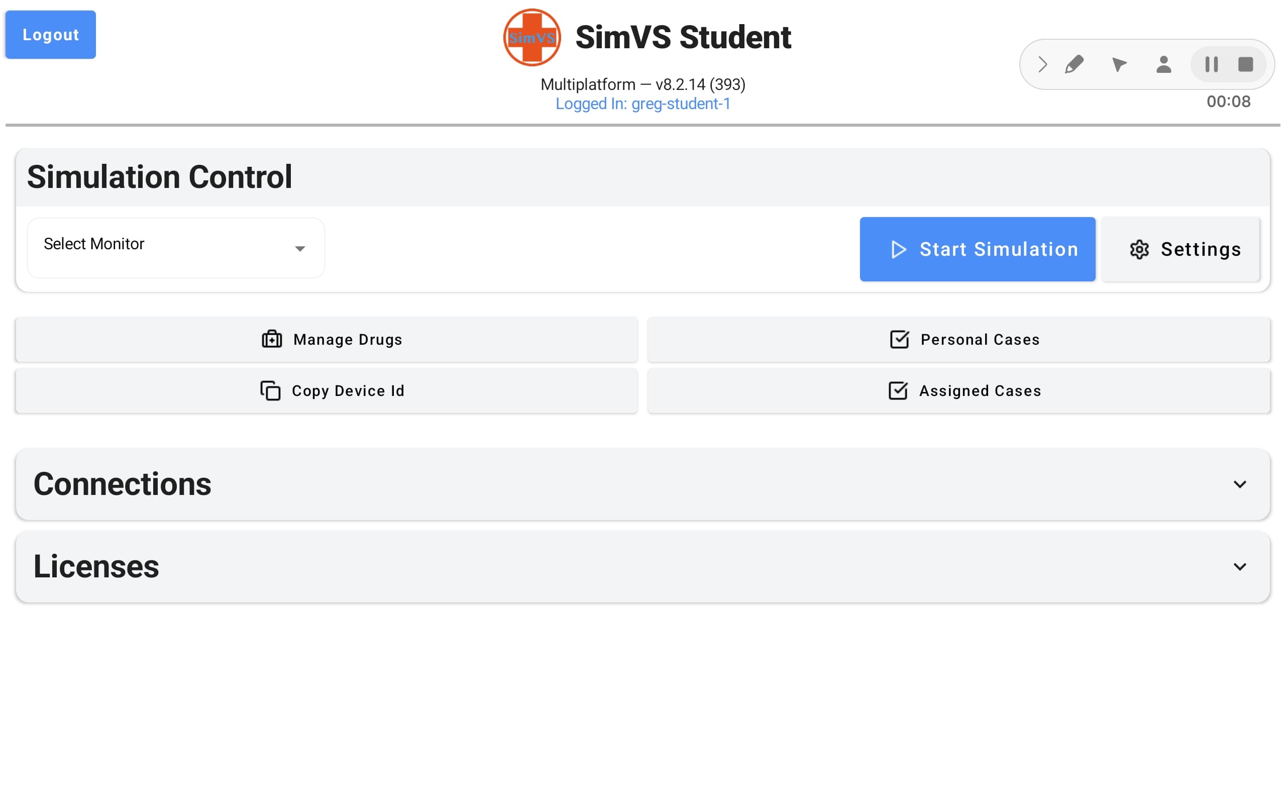SimVS Student main screen showing Simulation Control with Select Monitor dropdown, management buttons, and collapsible Connections and Licenses sections