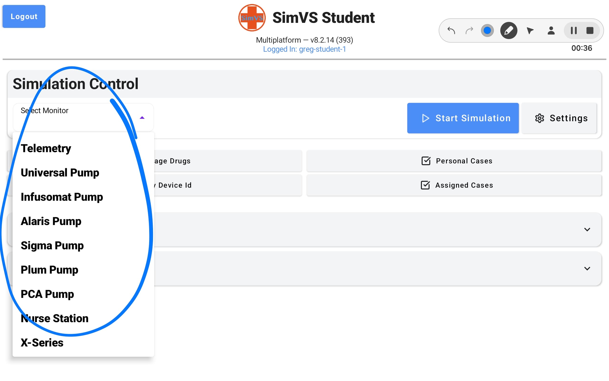 Student monitor selection dropdown showing Telemetry, Universal Pump, Infusomat Pump, Alaris Pump, Sigma Pump, Plum Pump, PCA Pump, Nurse Station, and X-Series