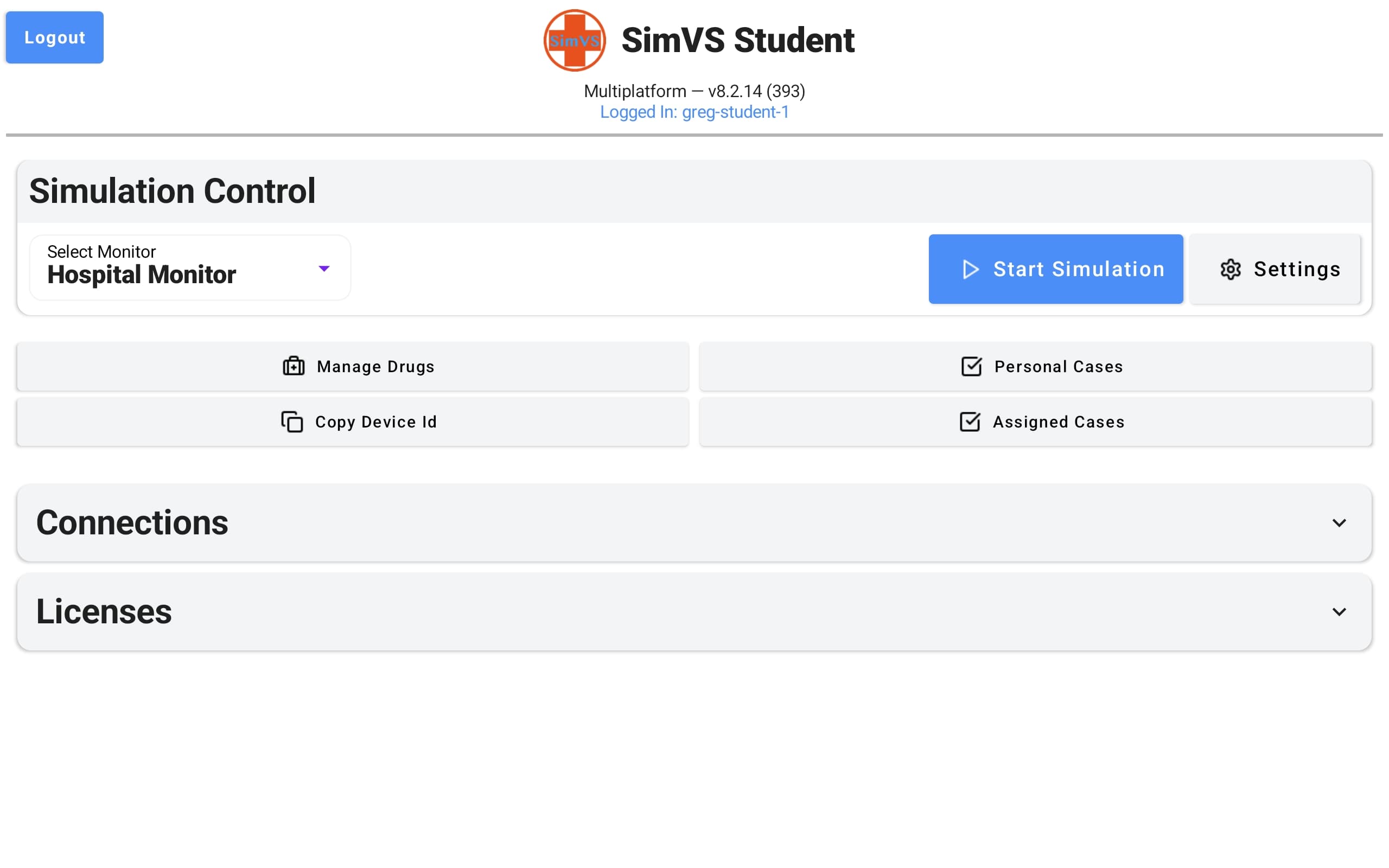 Student app with Hospital Monitor selected in the Select Monitor dropdown