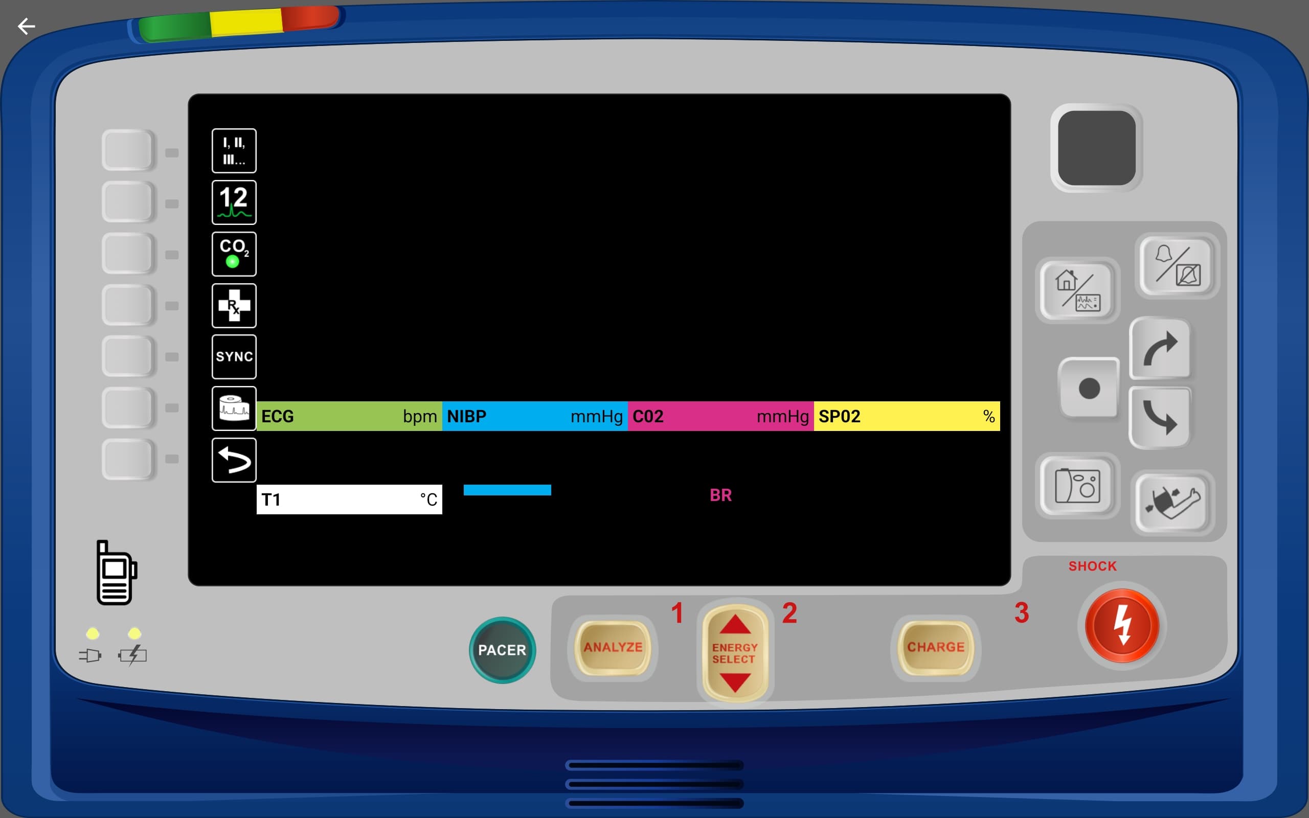 SimVS defibrillator display showing walkie-talkie icon on the bottom-left of the interface