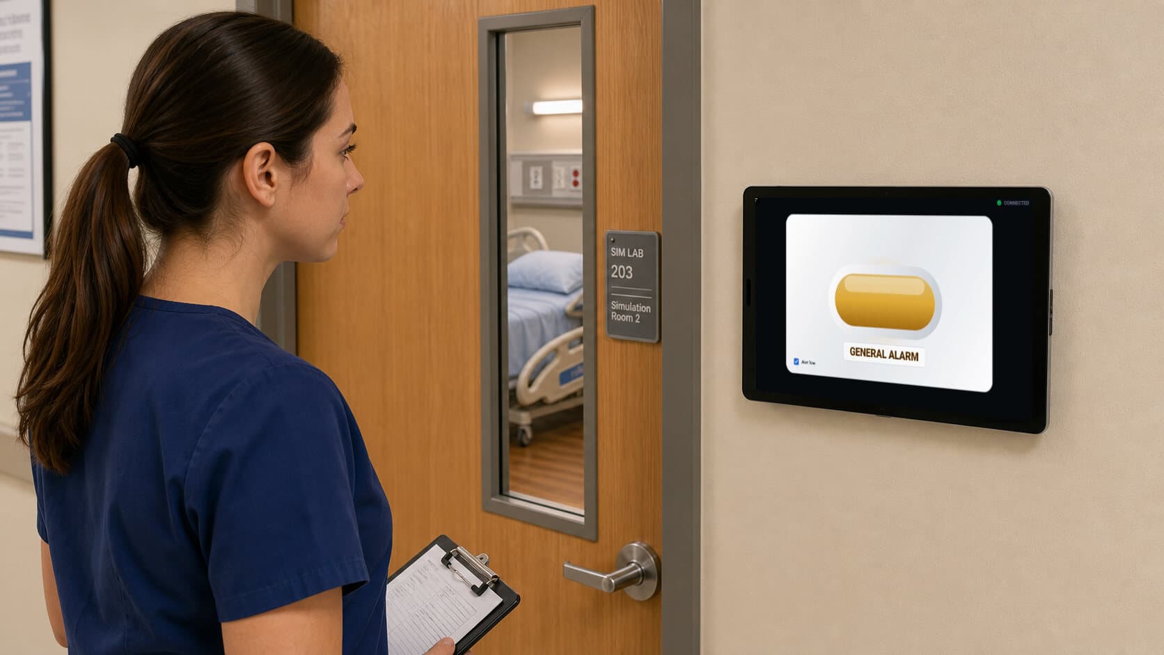 A nursing student responding to a hallway Door Alarm outside a simulation room