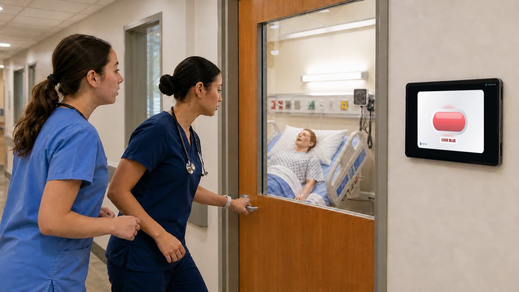 Two nursing students respond to a Code Blue outside a simulation room