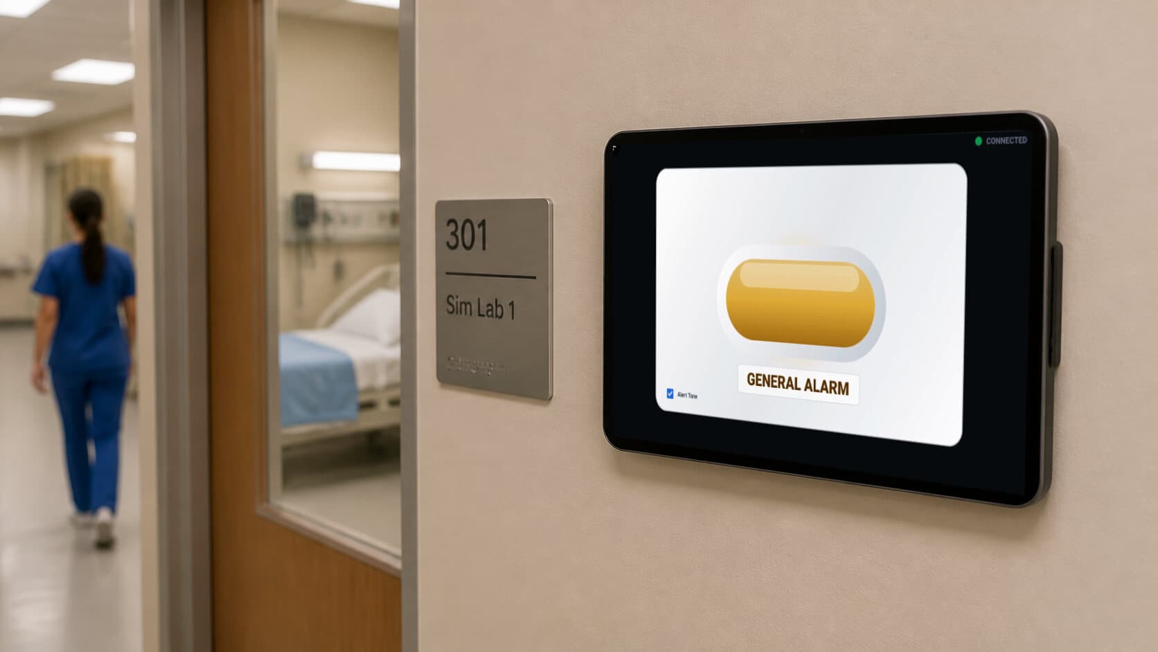 Door Alarm product detail showing a General Alarm outside room 301