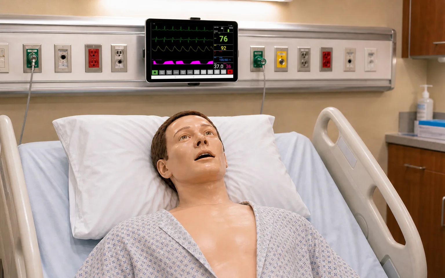 SimVS Hospital patient monitor installed above a high-fidelity manikin