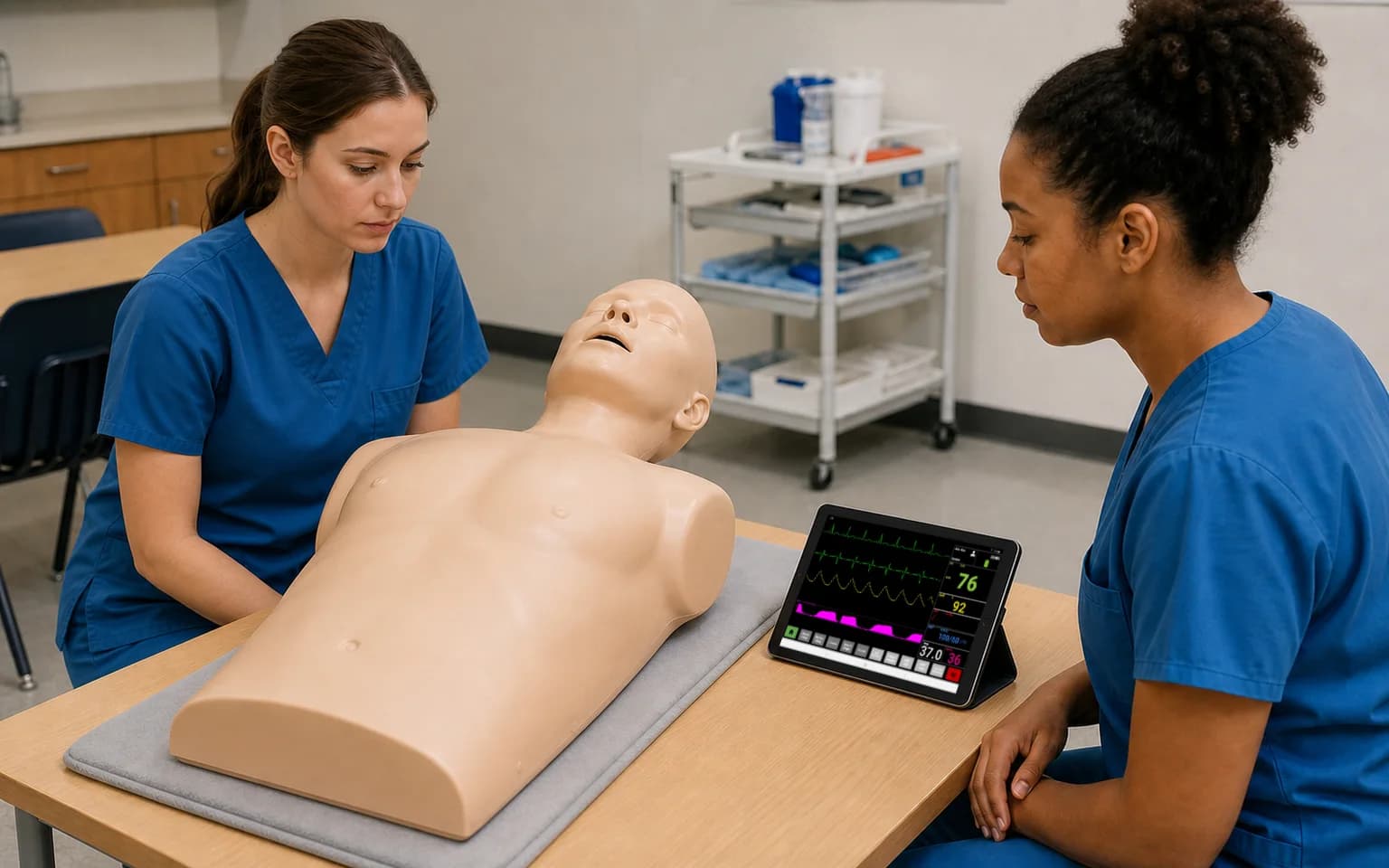 Nursing students using SimVS Hospital with a low-fidelity manikin