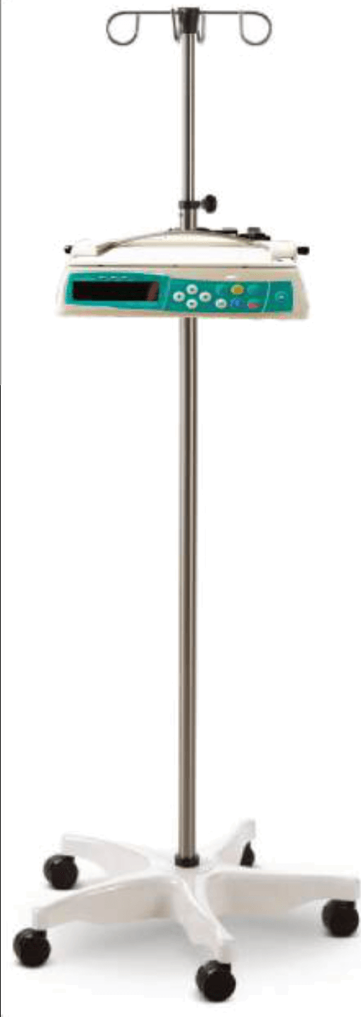 Refurbished clinical IV pump mounted on an IV pole