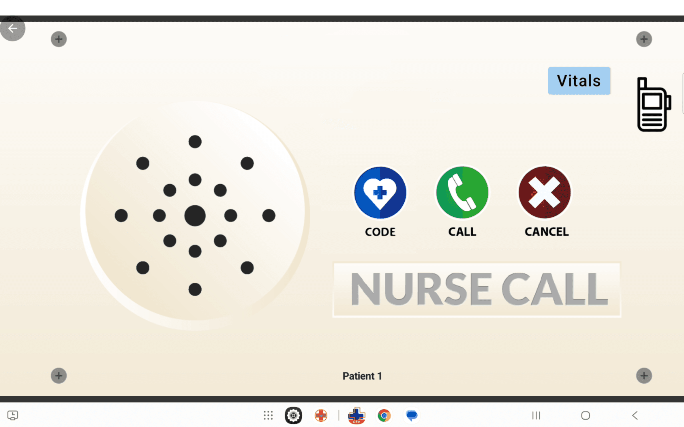 SimVS bedside Nurse Call interface before an alert is sent, showing Code, Call, Cancel, and Vitals controls for Patient 1