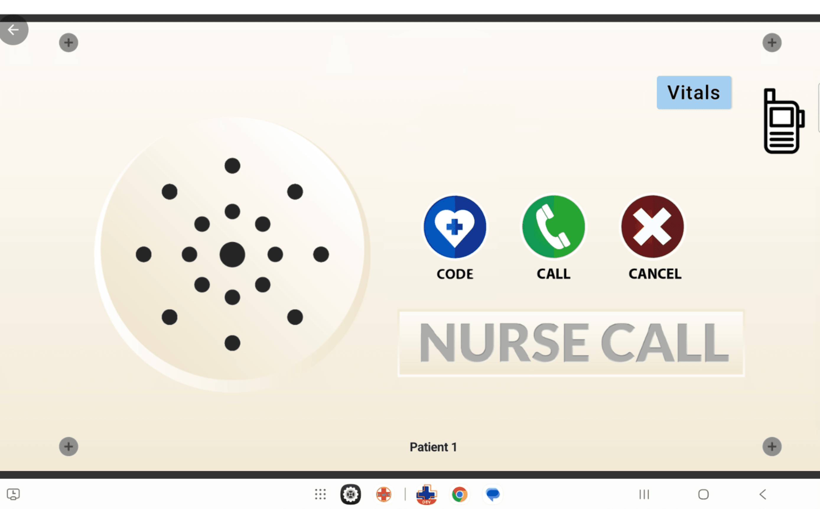 SimVS bedside Nurse Call interface showing the walkie-talkie icon near the Vitals button and Code, Call, and Cancel controls