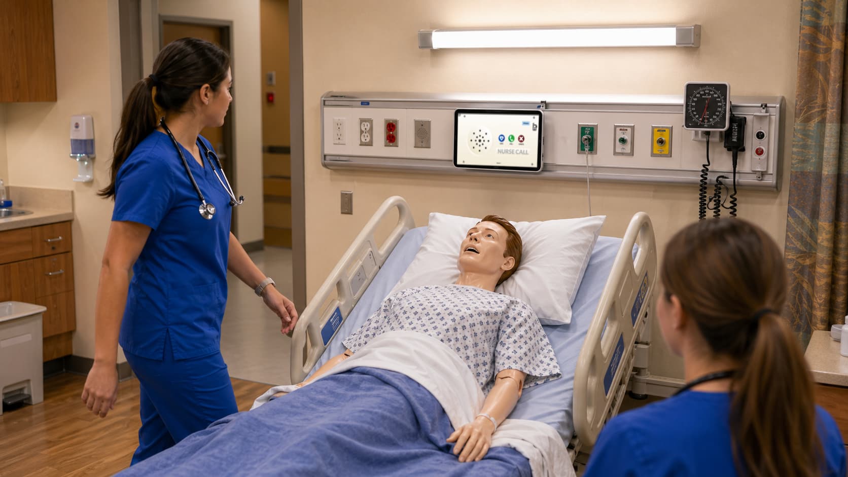 SimVS bedside tablet mounted above a patient bed showing the Nurse Call interface