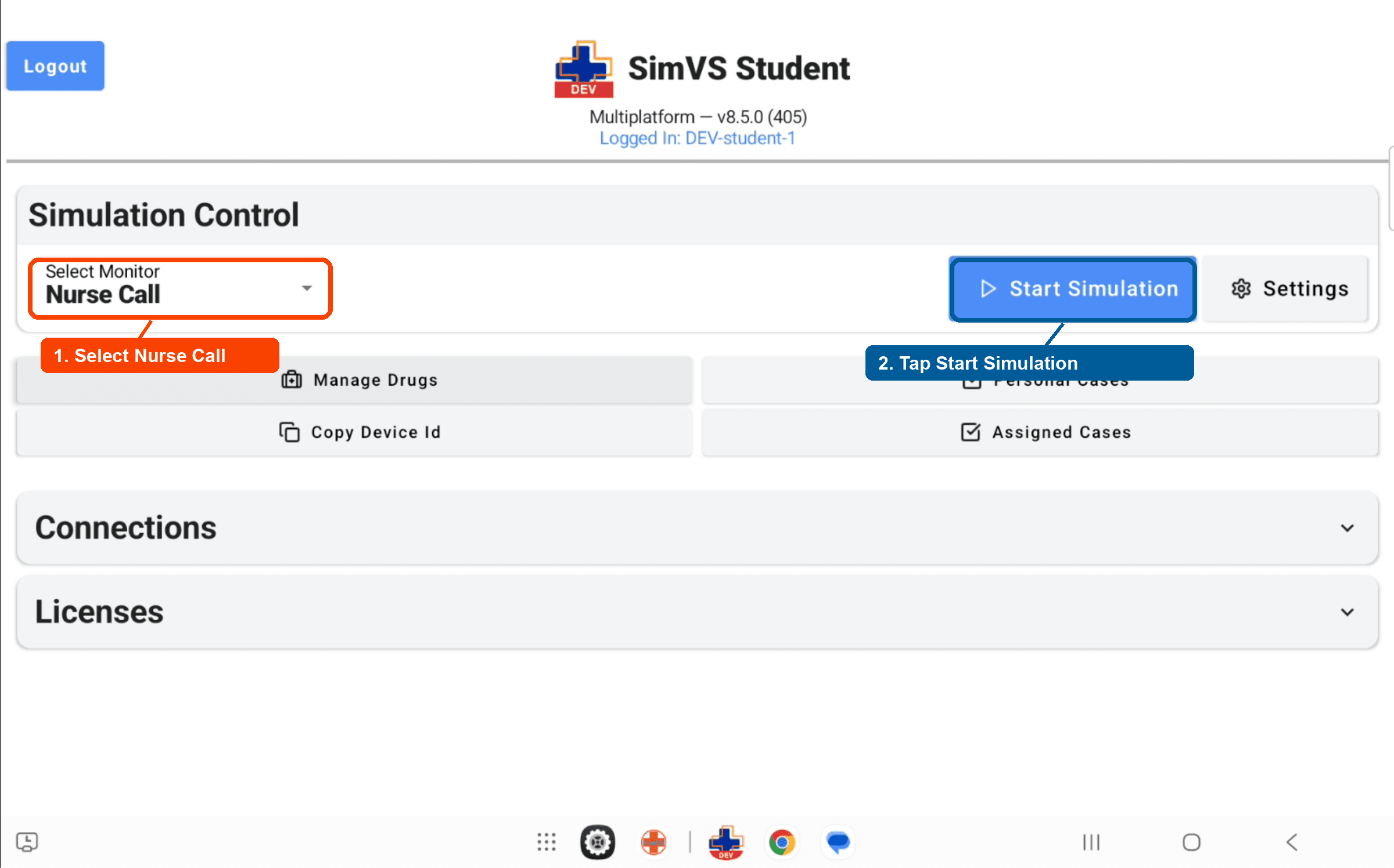 SimVS Student app with the Nurse Call monitor selected and Start Simulation button highlighted
