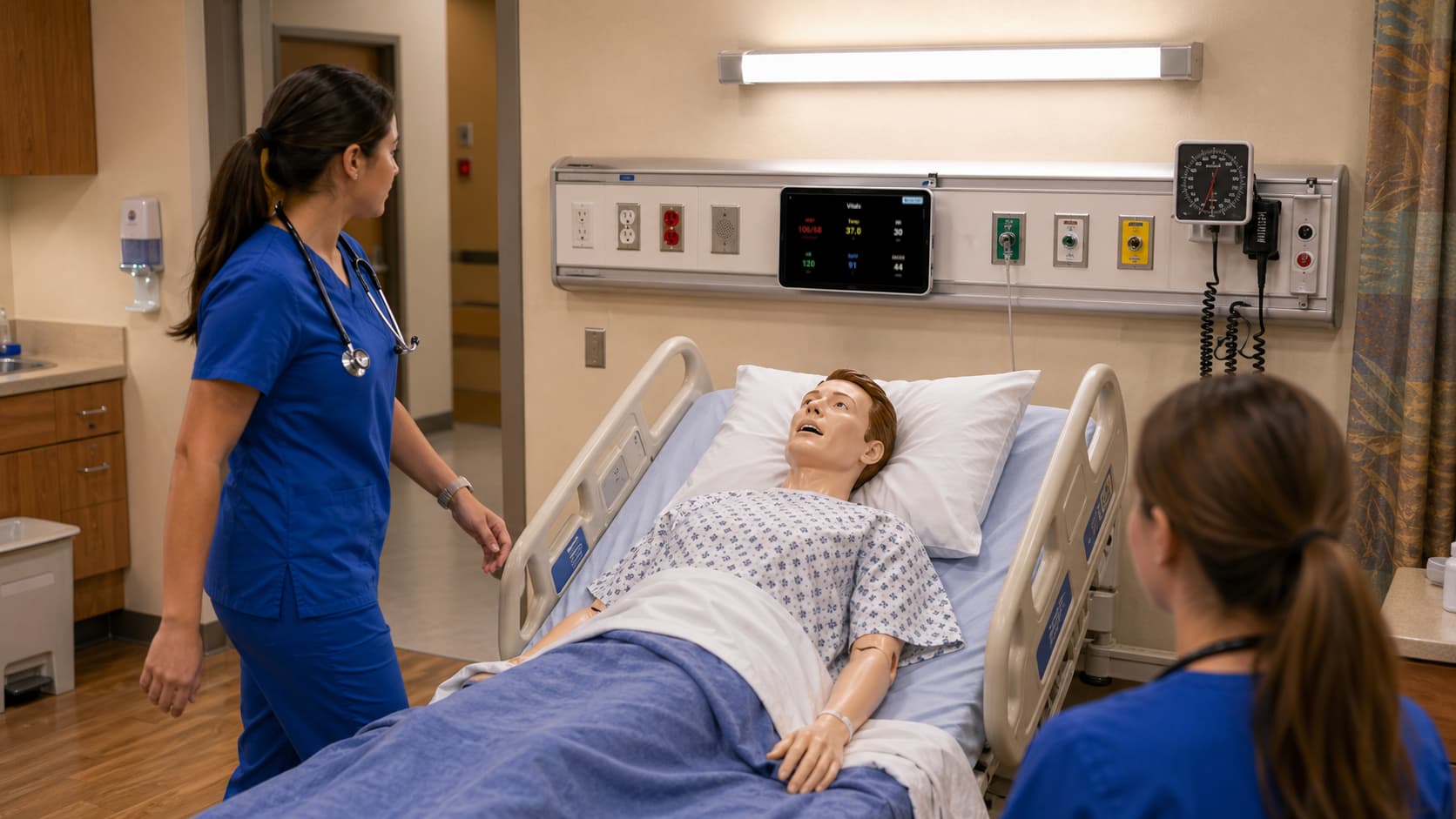 SimVS bedside tablet mounted above a patient bed showing the Vital Signs interface