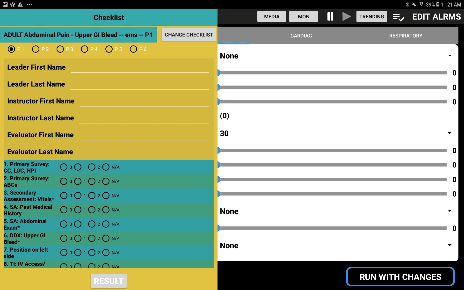 Checklist screen showing scenario-specific checklist items with scoring columns, team info fields, and parameter controls