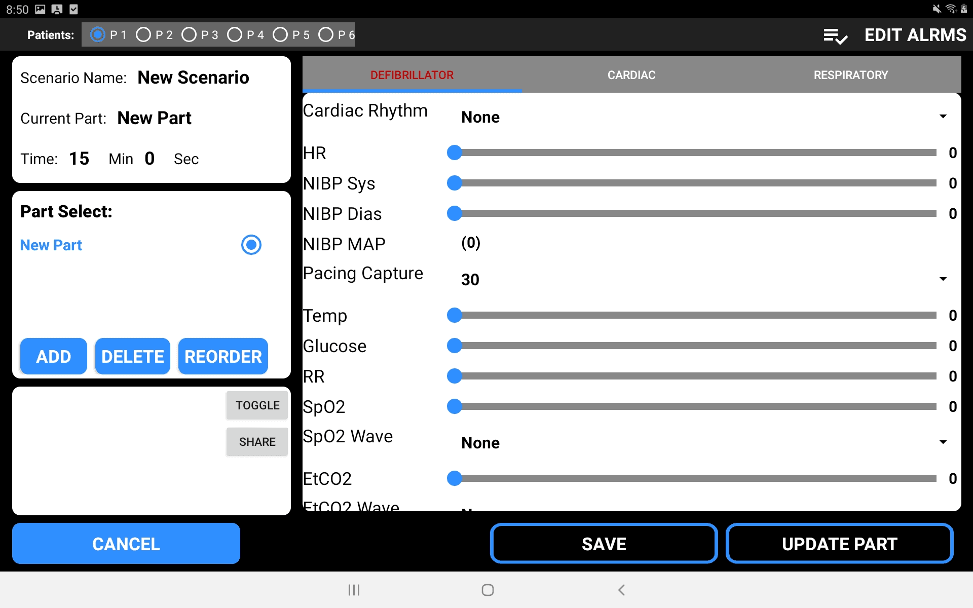 New scenario creation screen showing scenario name, part select, and physiology parameter sliders for Defibrillator, Cardiac, and Respiratory tabs