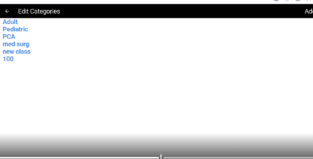 Edit Categories screen showing Adult, Pediatric, PCA, med surg, new class, and 100 as available categories