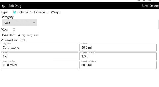 Edit Drug form showing configuration for Ceftriaxone with Volume type, Adult category, dose and rate limits