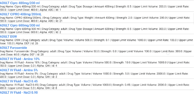 Drug library list showing all configured drugs with their categories, types, and dosing parameters