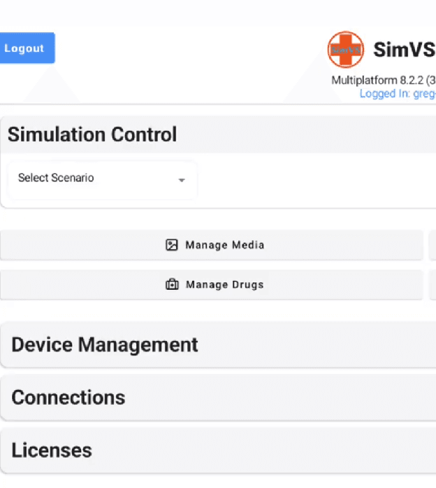 SimVS-IV Simulation Control screen showing Manage Media, Manage Drugs, Connections, and Licenses sections
