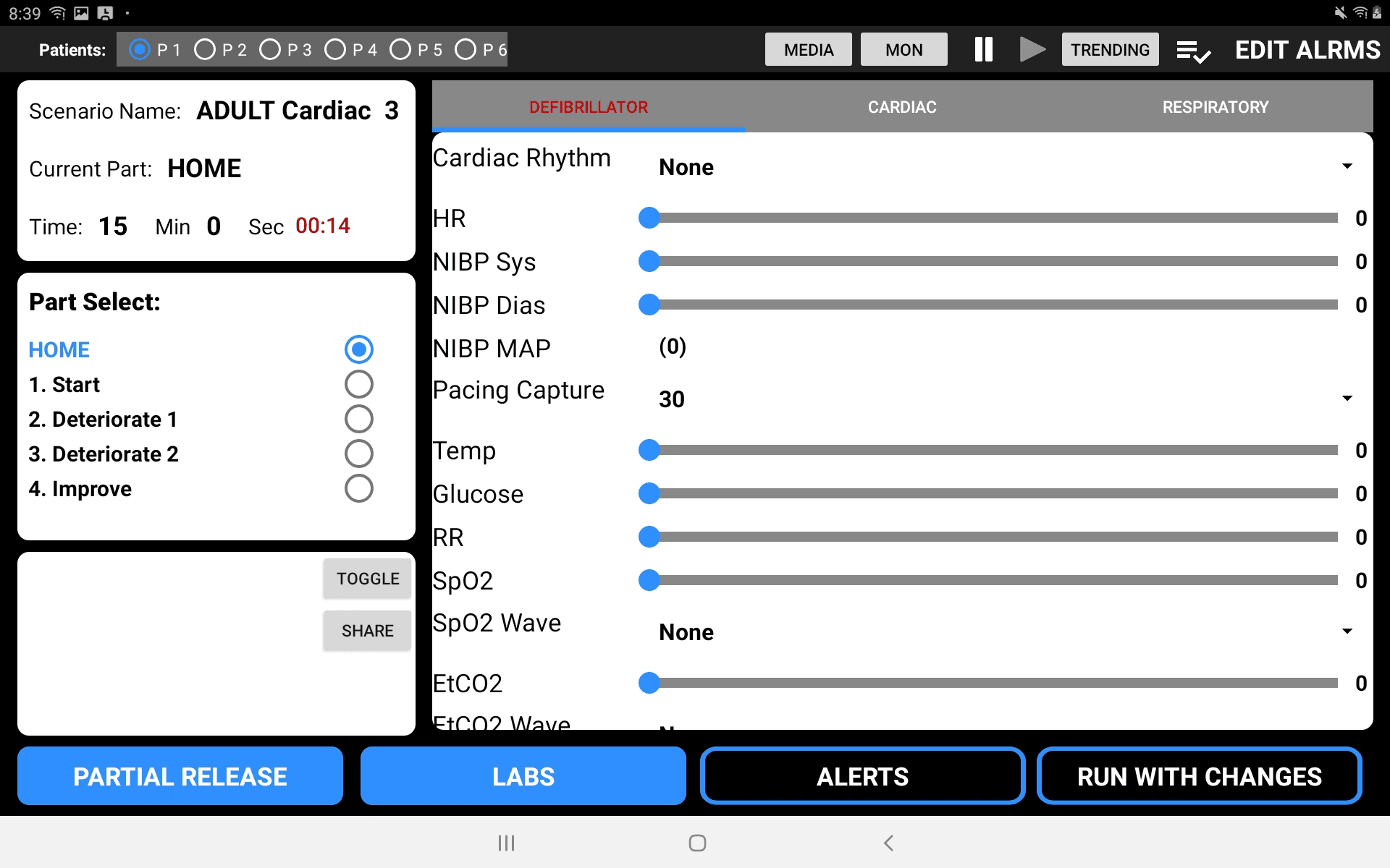 Edit screen showing scenario parameters with Defibrillator tab selected, part list, and physiology sliders