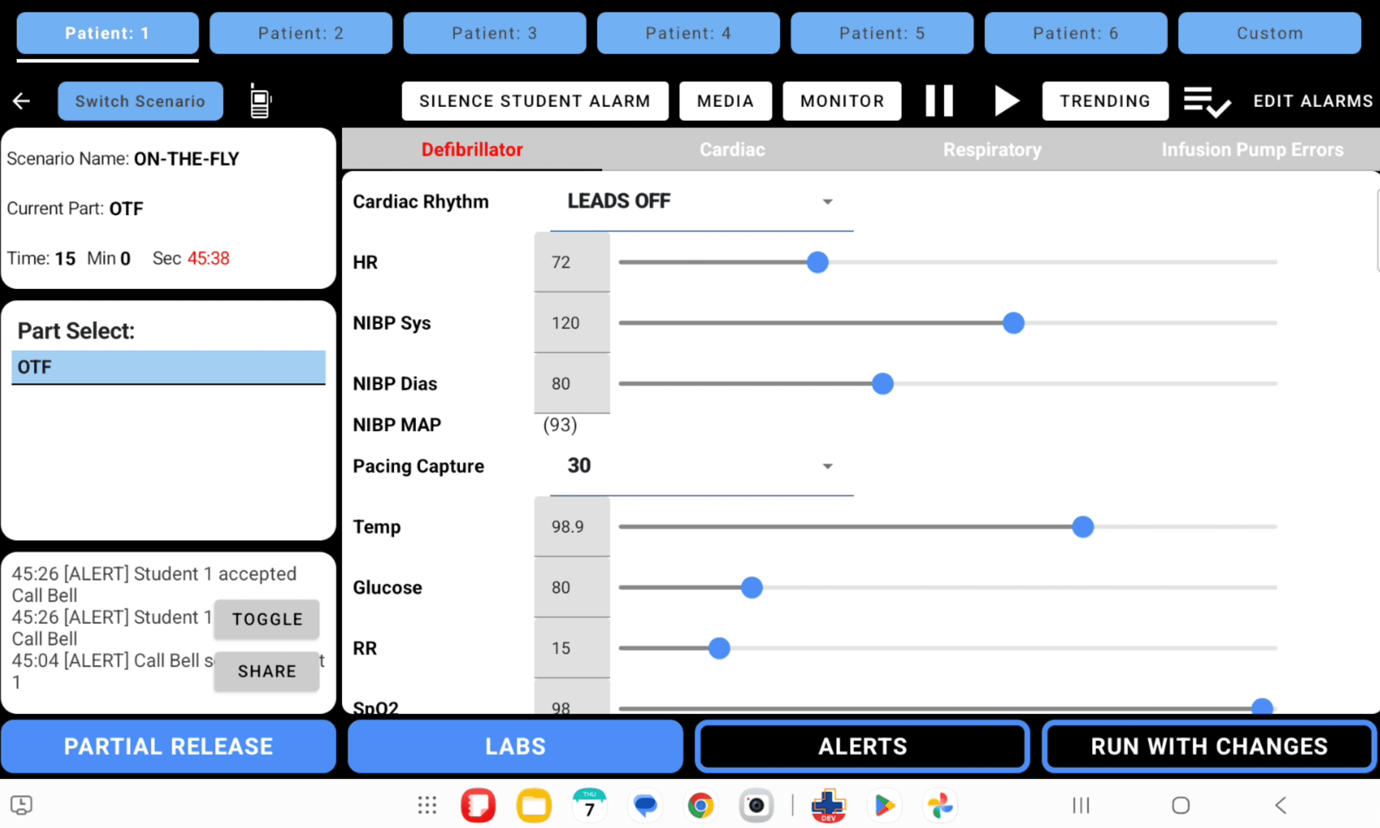 SimVS Instructor on-the-fly controls showing Call Bell alert activity and Student 1 accepted Call Bell in the event log