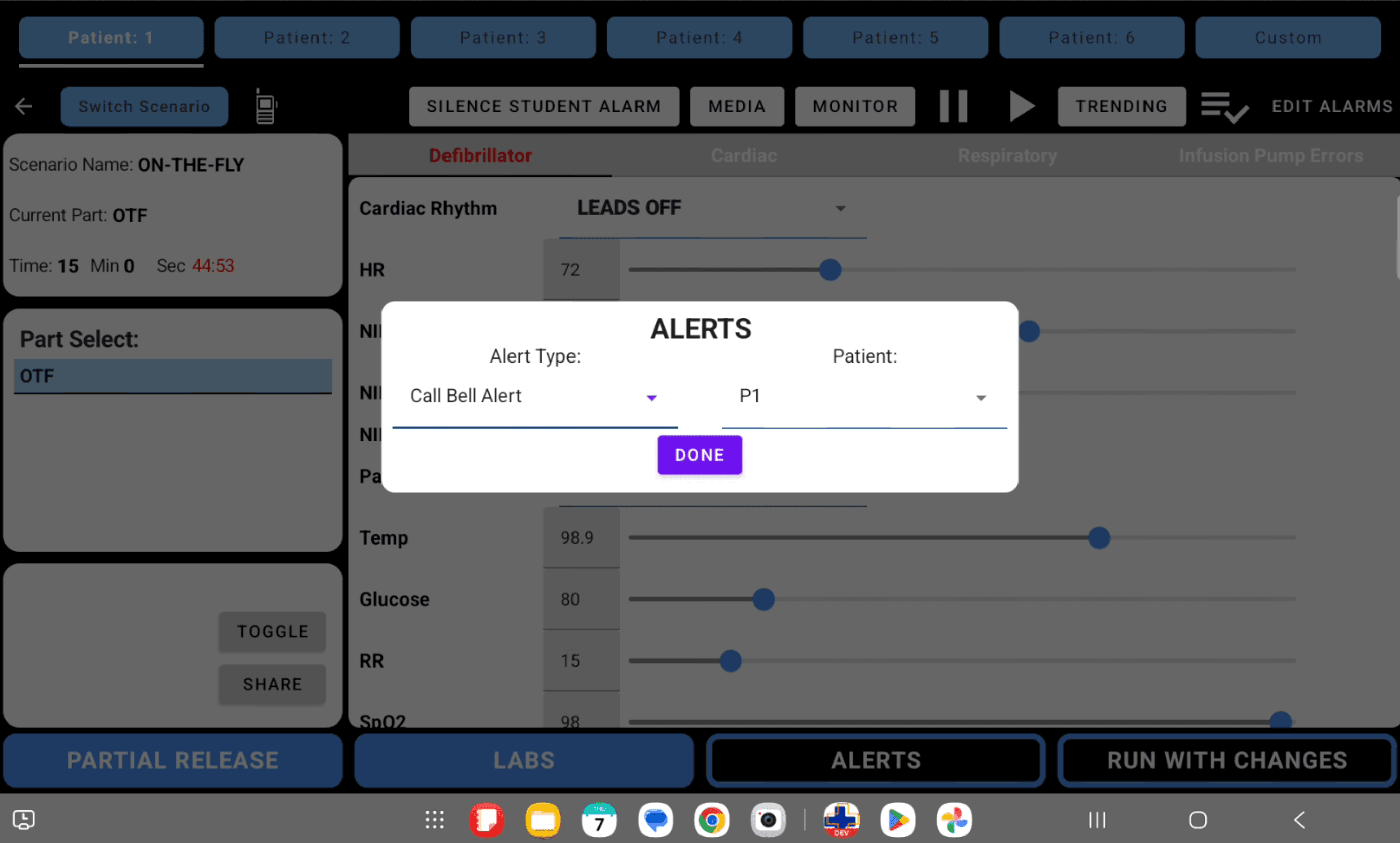 SimVS Instructor alert dialog with Call Bell Alert selected for Patient P1 and Done enabled