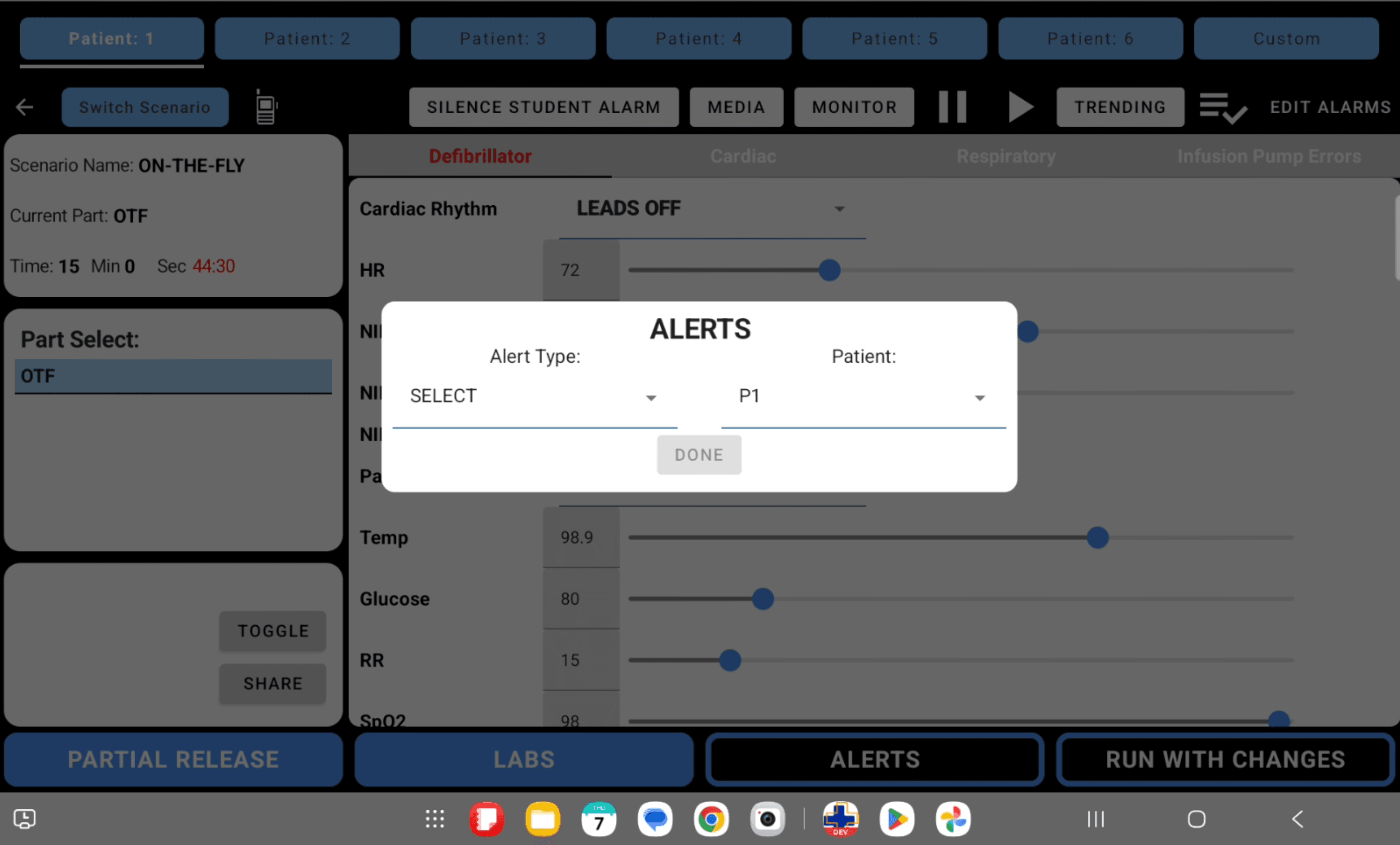 SimVS Instructor alert dialog open with Alert Type still set to Select and Patient set to P1