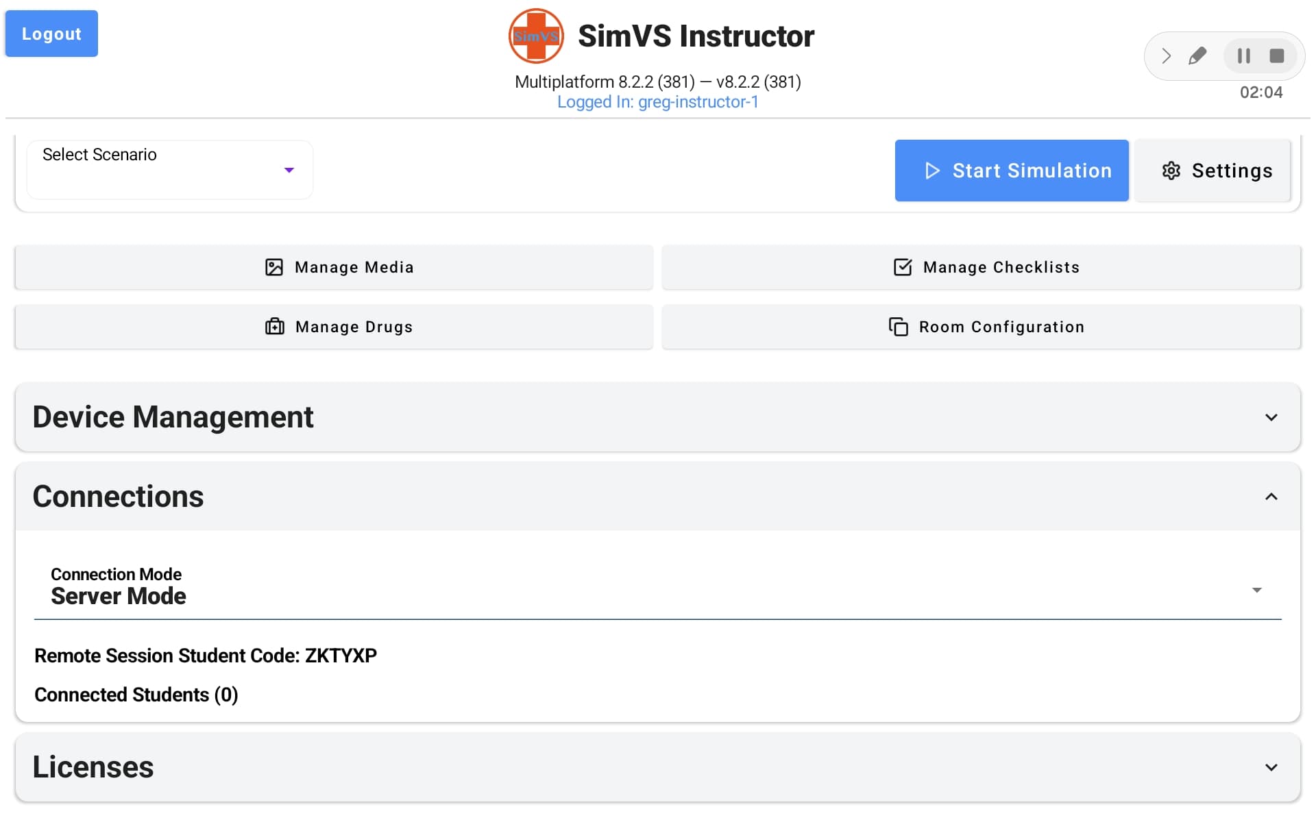 Instructor Connections section expanded showing Connection Mode set to Server Mode, Remote Session Student Code, and Connected Students count