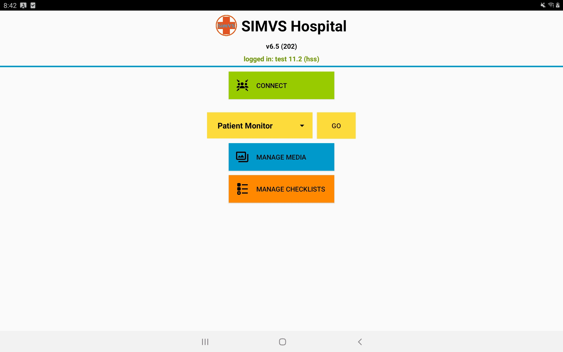 SimVS Hospital instructor home screen showing Connect, Patient Monitor selector, Manage Media, and Manage Checklists buttons