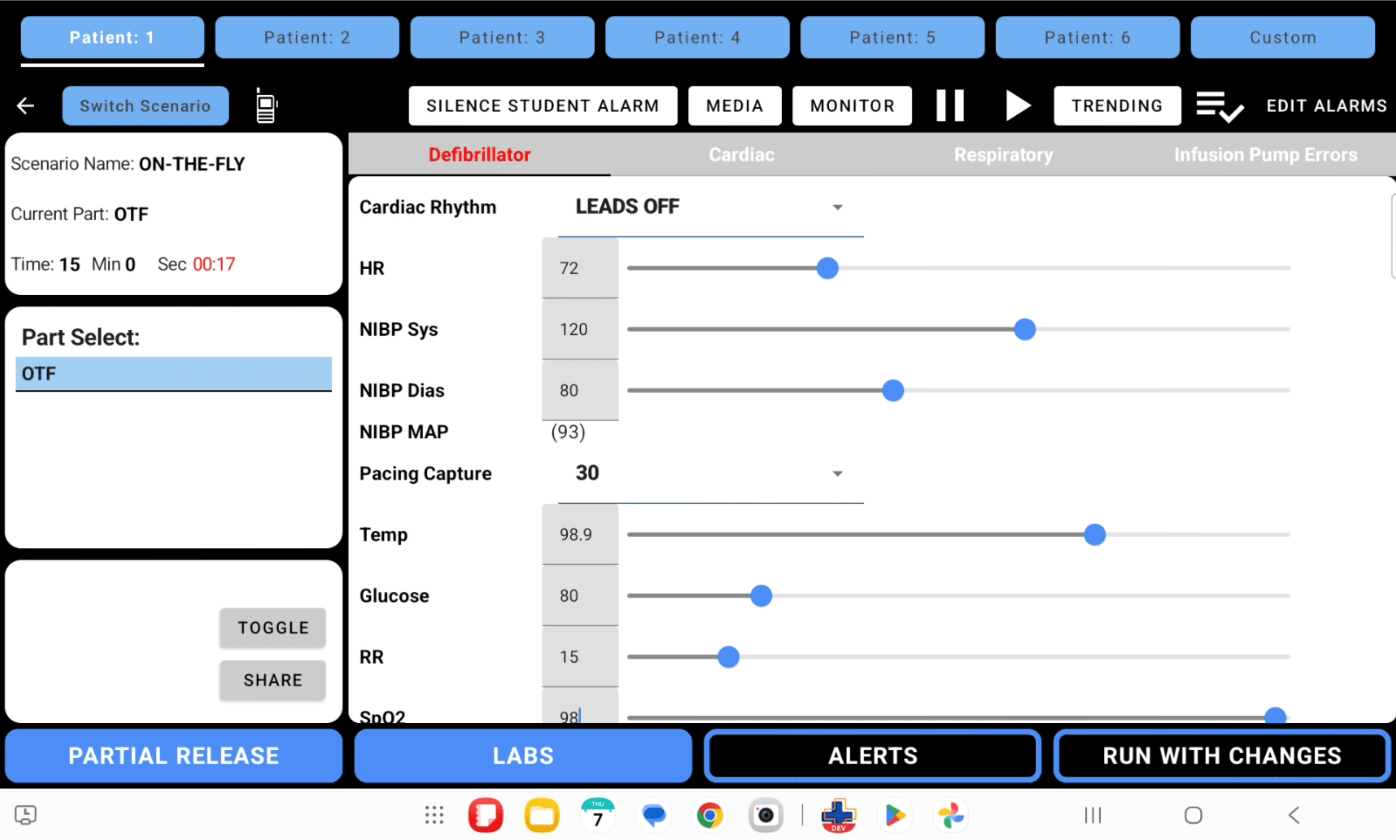 SimVS Instructor on-the-fly controls with Patient 1 physiology values set before tapping Run With Changes