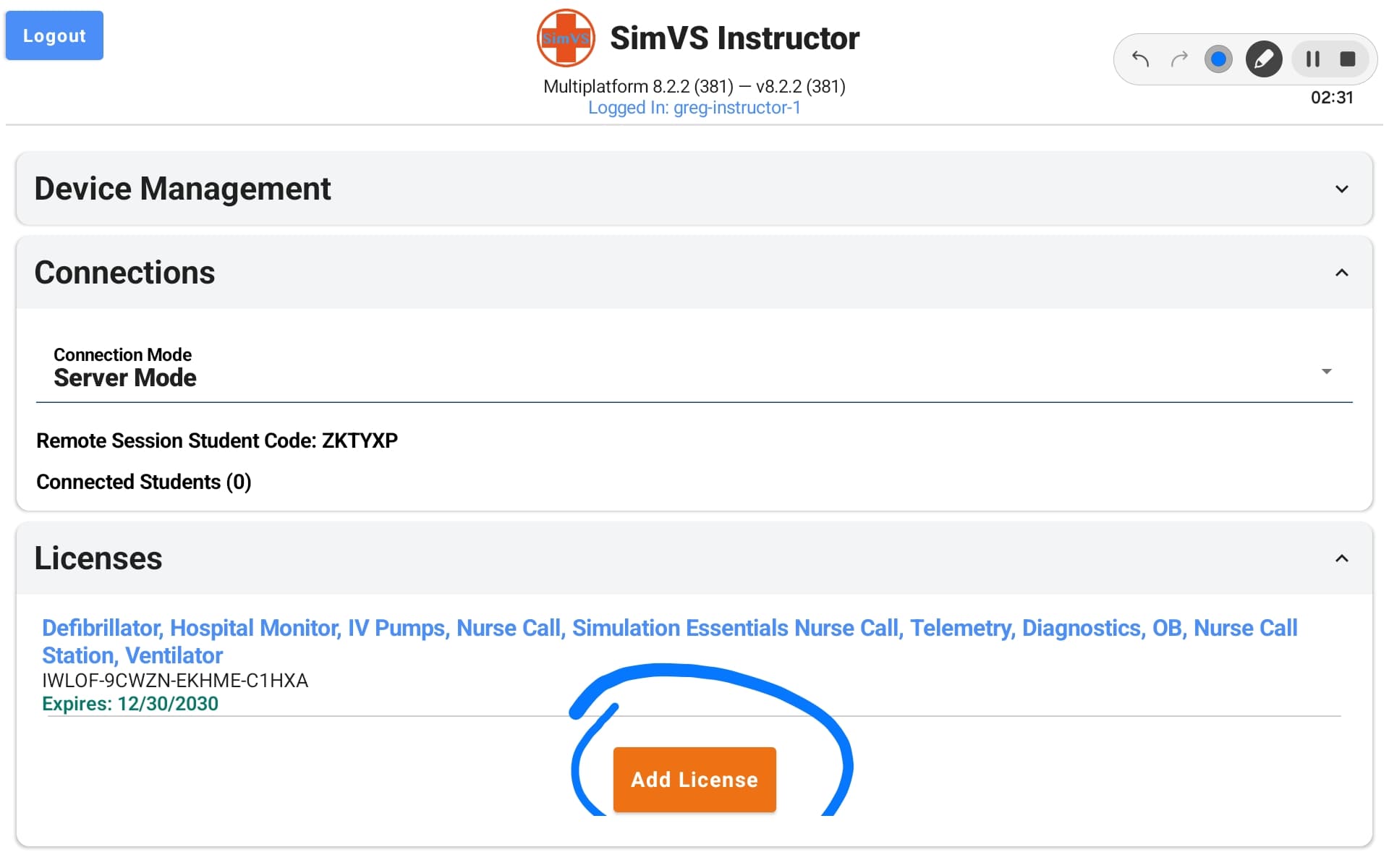 Instructor Licenses section expanded showing active license features, license code, and expiration date with Add License button