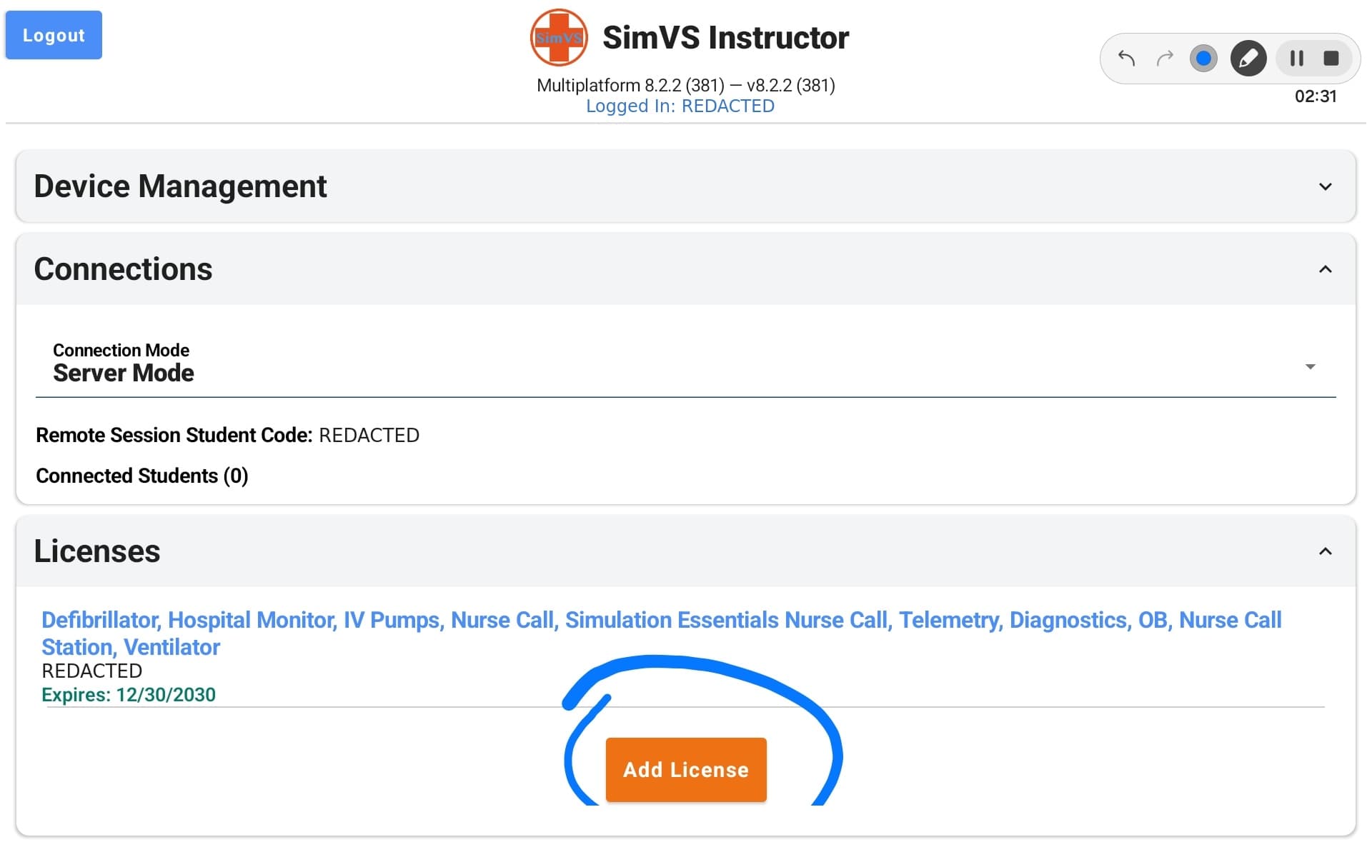 Instructor Licenses section expanded showing active license features, expiration date, and Add License button; username, session code, and license code are redacted