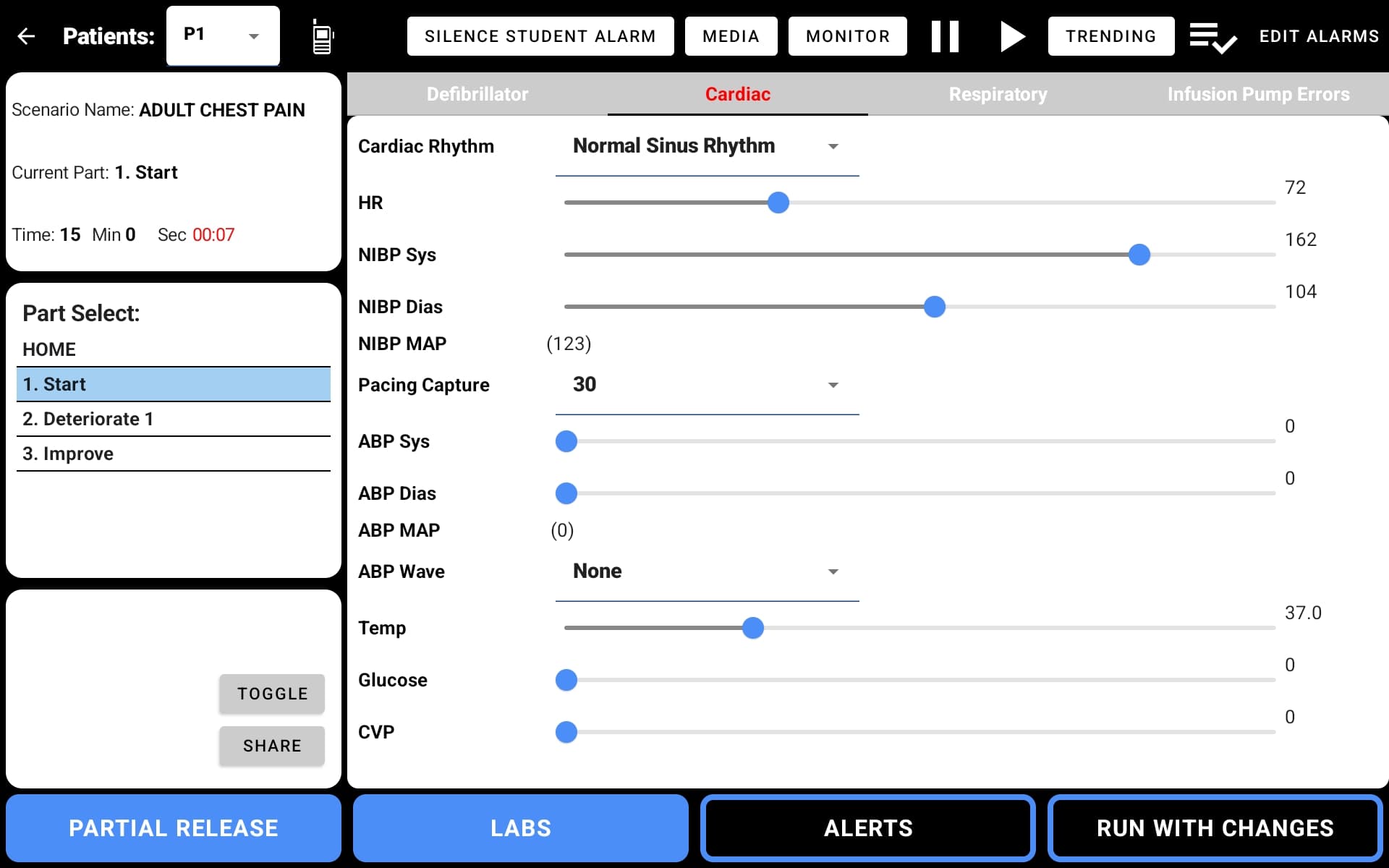 Instructor live simulation view showing scenario name, current part, part select list, cardiac rhythm controls, and vital sign sliders