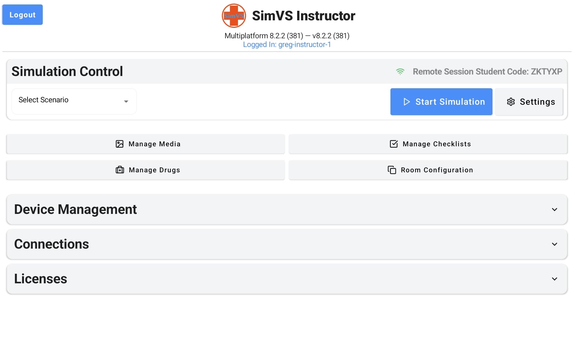 SimVS Instructor main screen showing Simulation Control, management buttons, and collapsible sections for Device Management, Connections, and Licenses