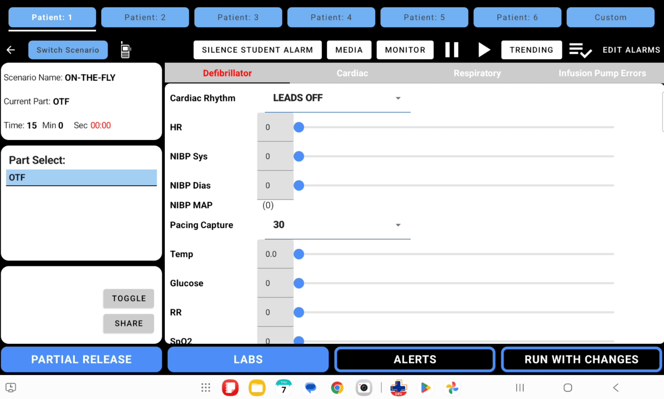 SimVS Instructor on-the-fly live control screen with patient tabs, vital sign controls, alerts, partial release, labs, and run controls