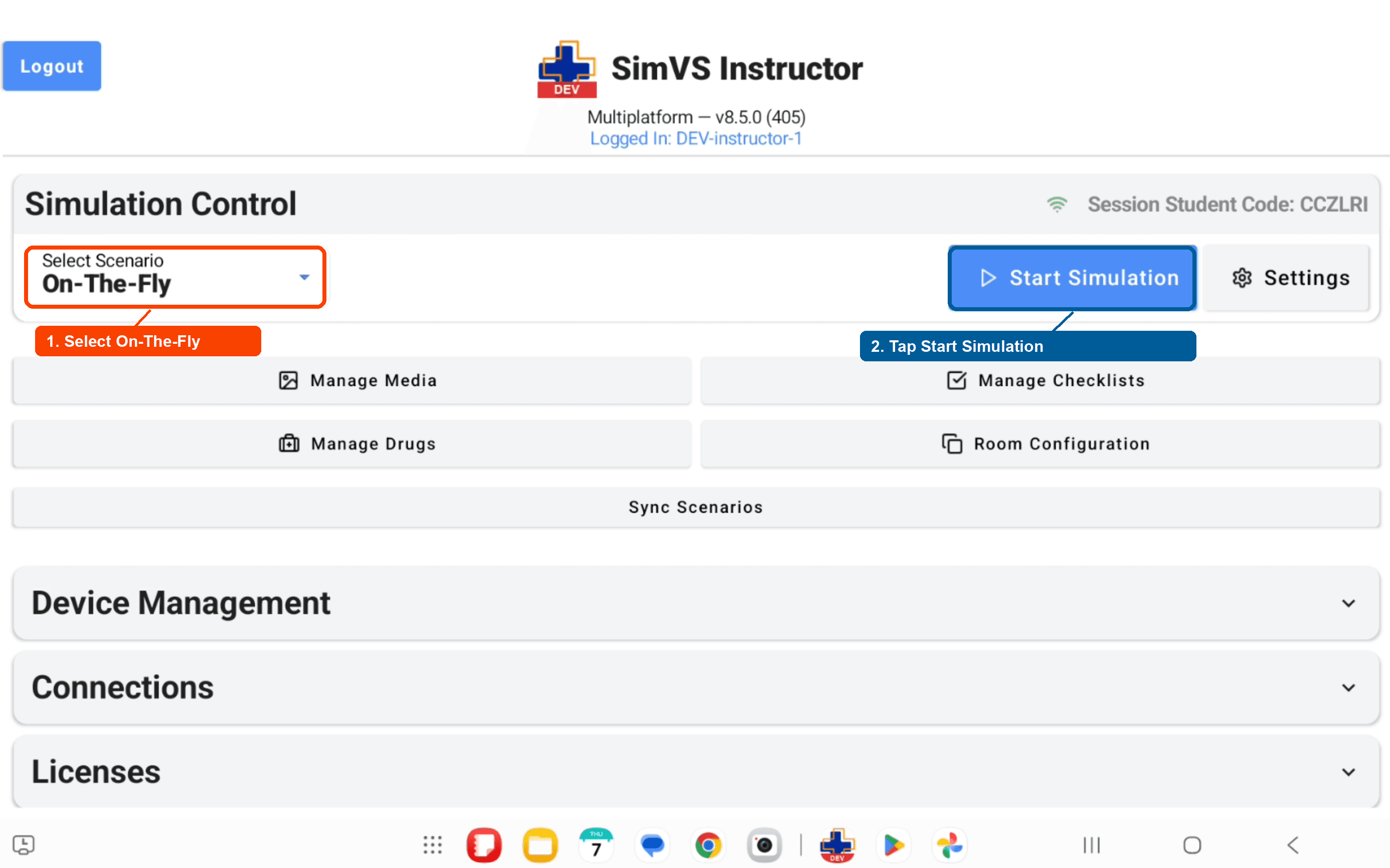 SimVS Instructor app with On-The-Fly selected and Start Simulation button highlighted