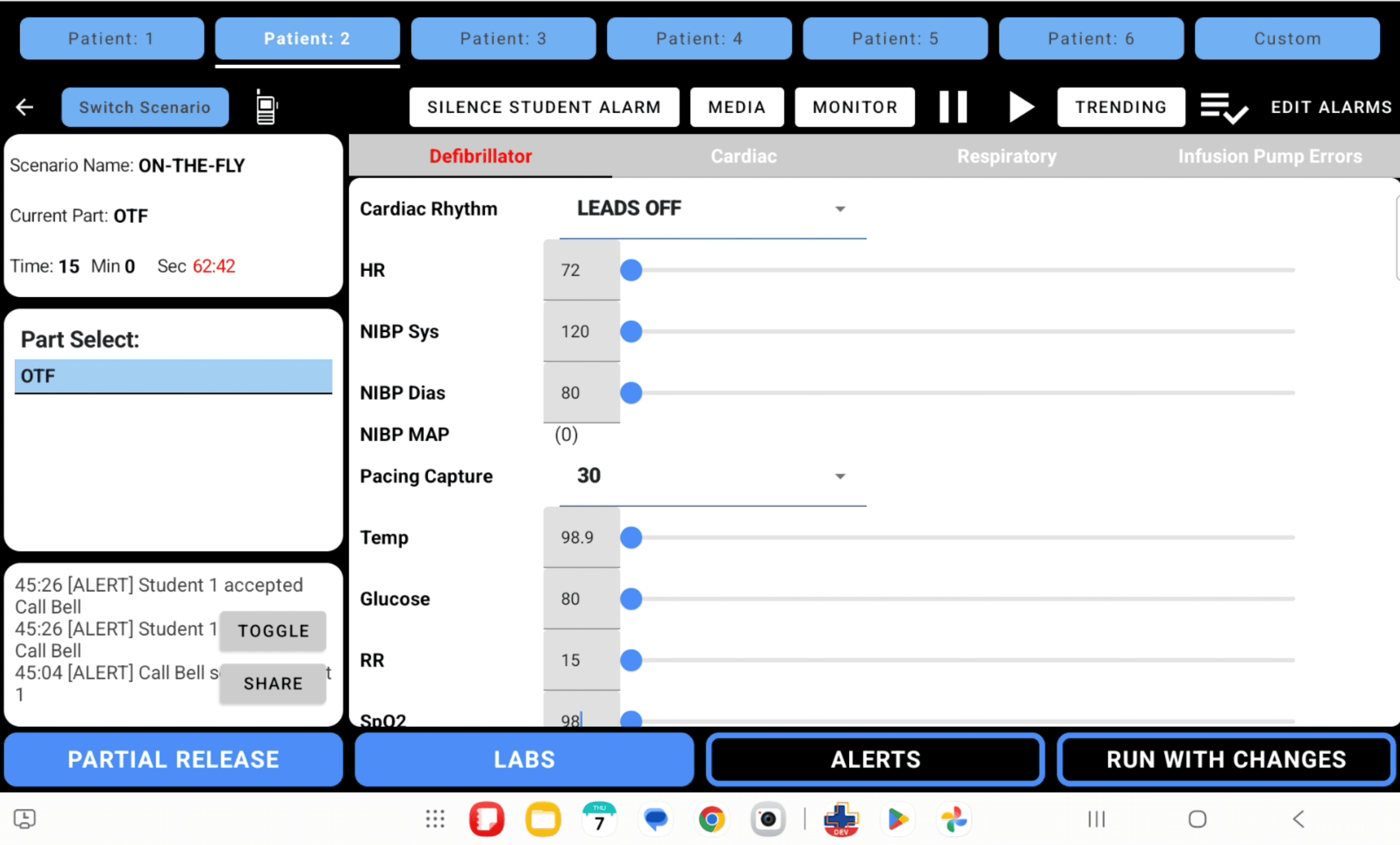 SimVS Instructor on-the-fly controls with Patient 2 selected before sending values with Run With Changes