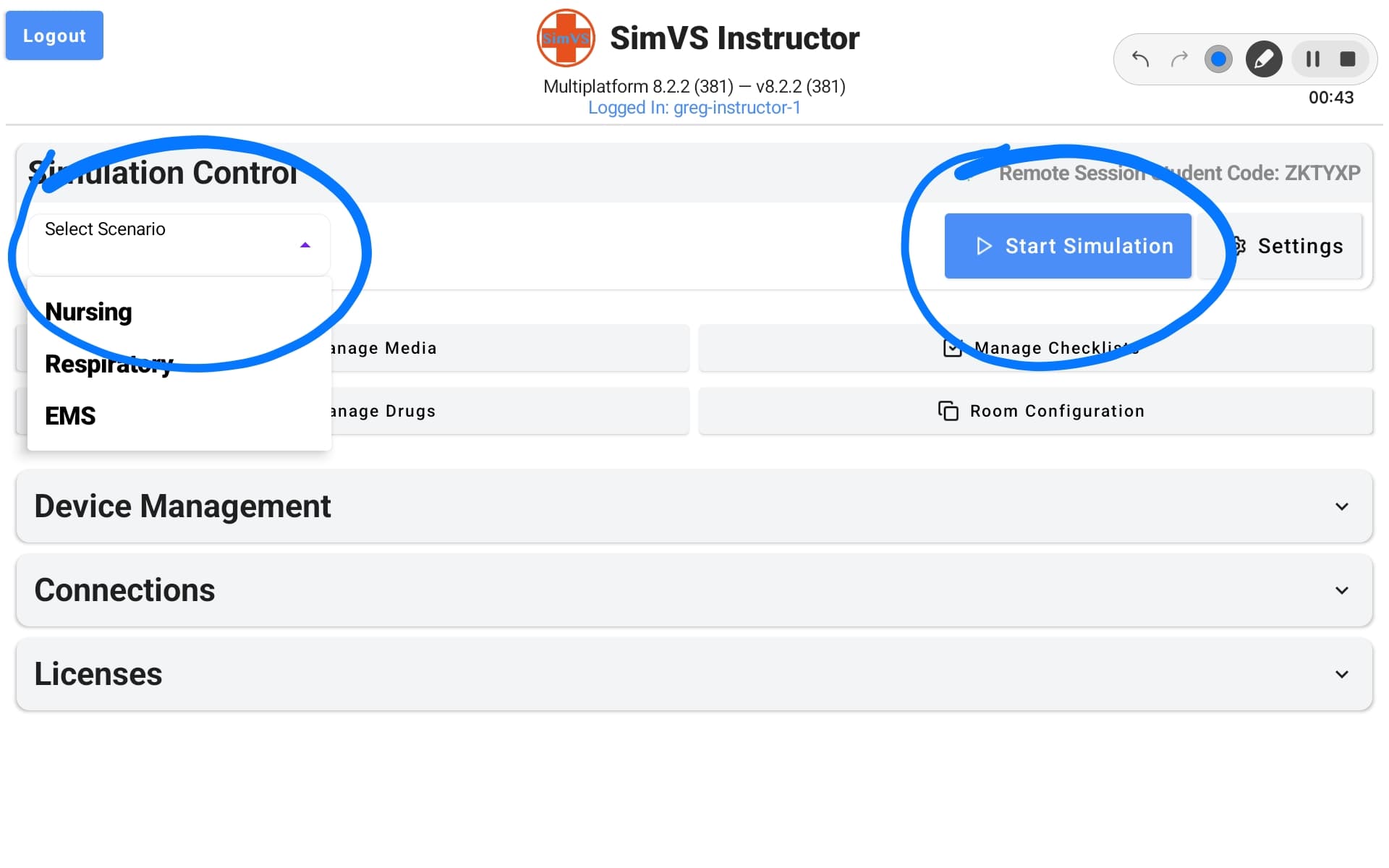 Instructor scenario dropdown showing Nursing, Respiratory, and EMS categories
