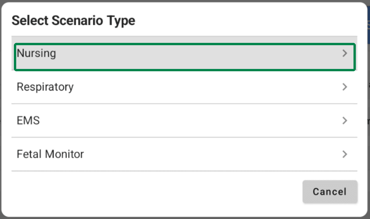 Select Scenario Type popup with Nursing highlighted