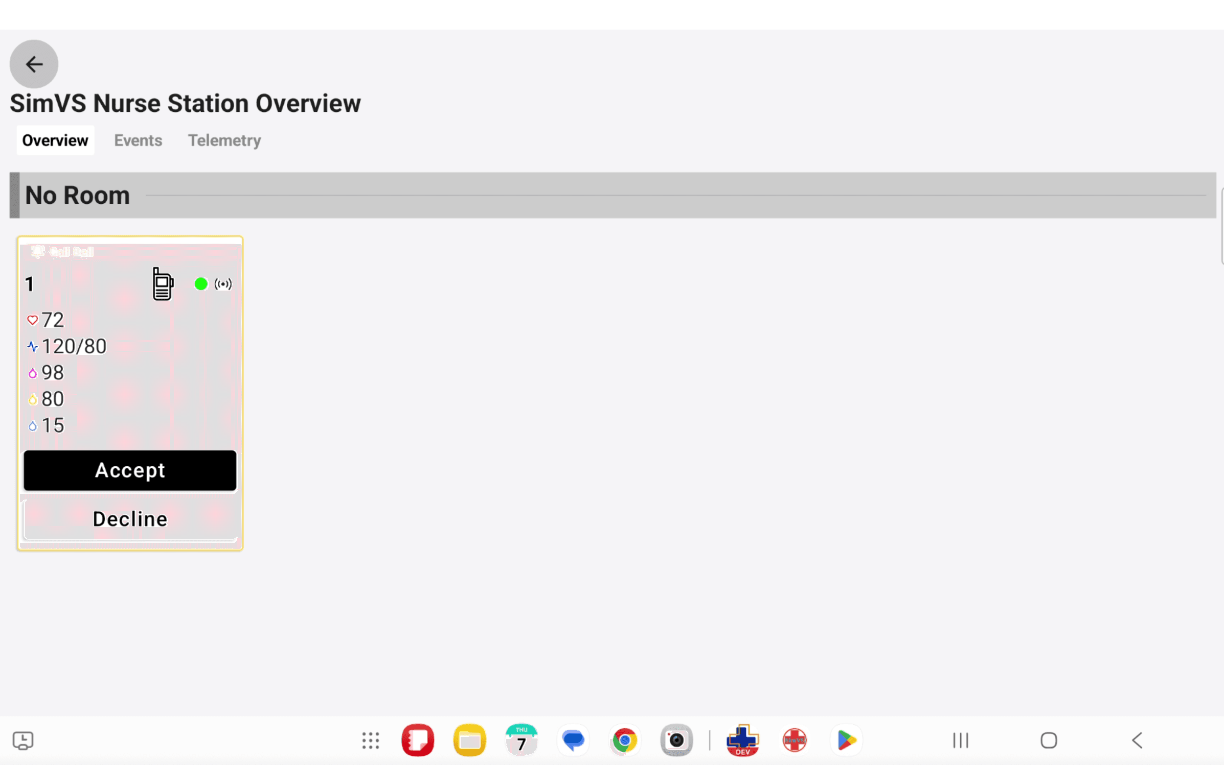 SimVS Nurse Station dashboard showing Patient 1 with a Call Bell alert and Accept and Decline response buttons