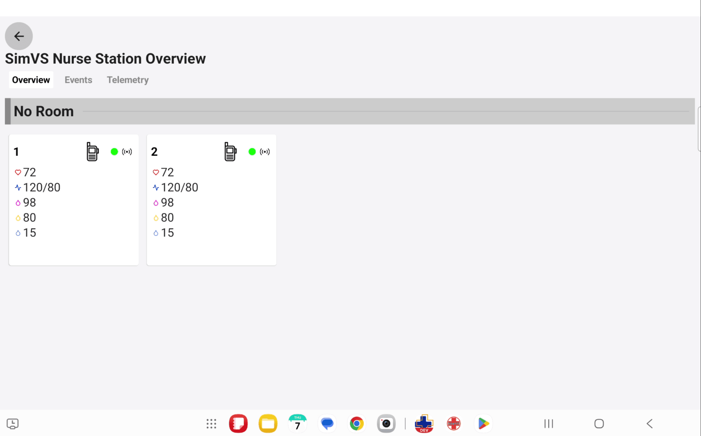 SimVS Nurse Station dashboard showing Patient 1 and Patient 2 cards with walkie-talkie communication icons