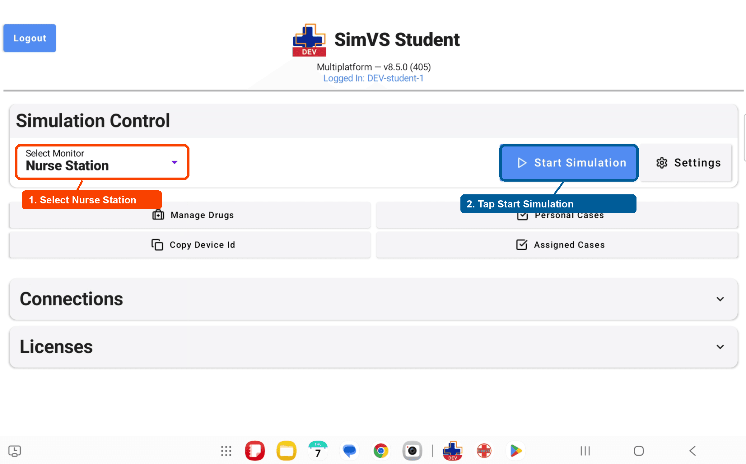 SimVS Student app with the Nurse Station monitor selected and Start Simulation button highlighted