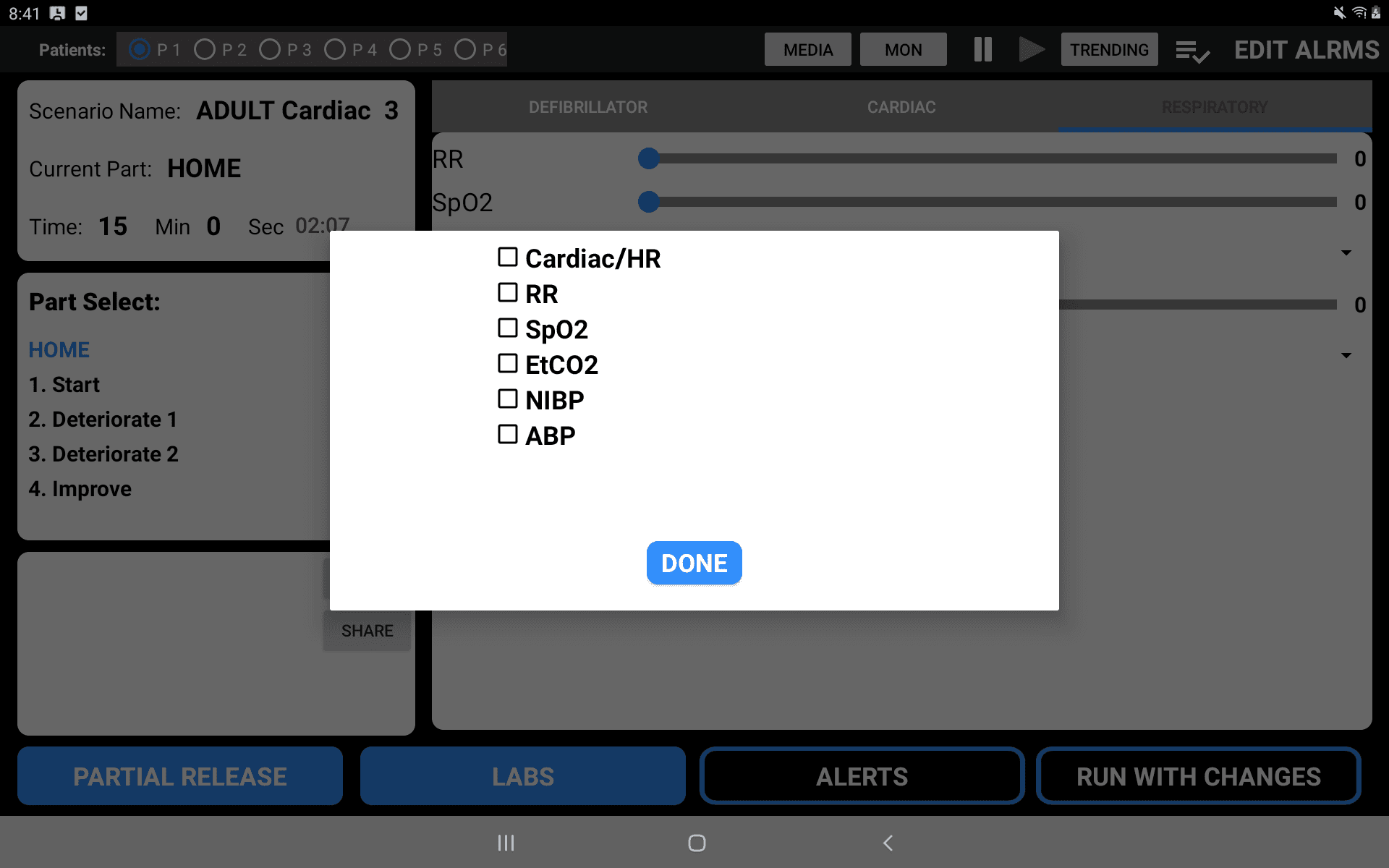 Partial release dialog showing checkboxes for Cardiac/HR, RR, SpO2, EtCO2, NIBP, and ABP