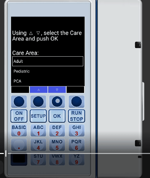 Plum care area selection showing Adult, Pediatric, and PCA options
