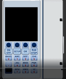 Plum pump powered on showing the initial blank screen with ON/OFF, SETUP, OK, and RUN/STOP buttons