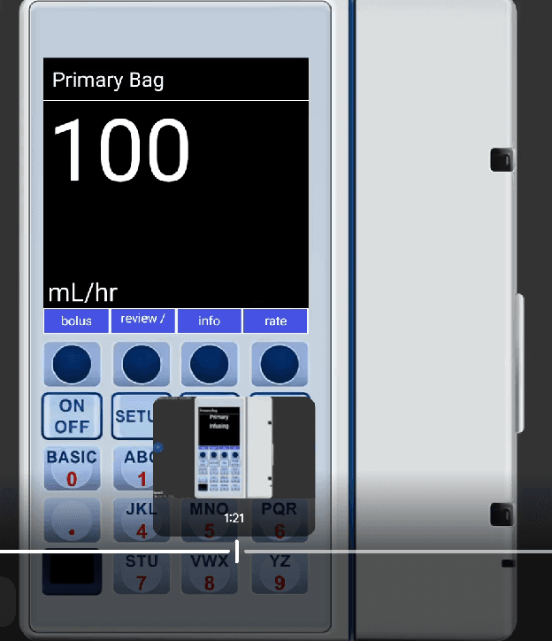 Plum primary infusion running at 100 mL/hr with bolus, review, info, and rate soft buttons