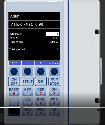 Plum rate entry screen showing IV Fluid NaCl 0.90 with Rate, VTBI, and Time fields