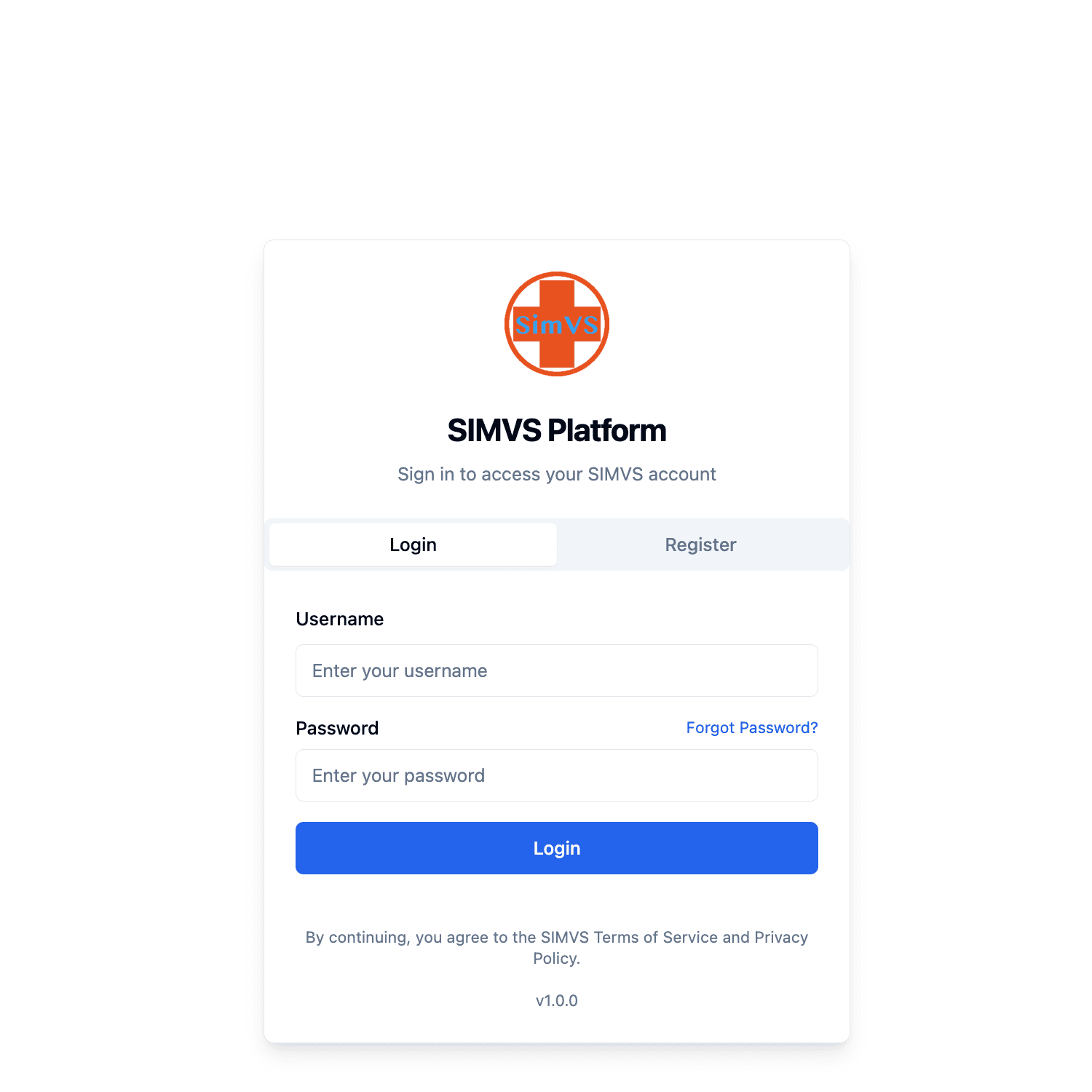 The SimVS Portal login page at portal.simvs.net