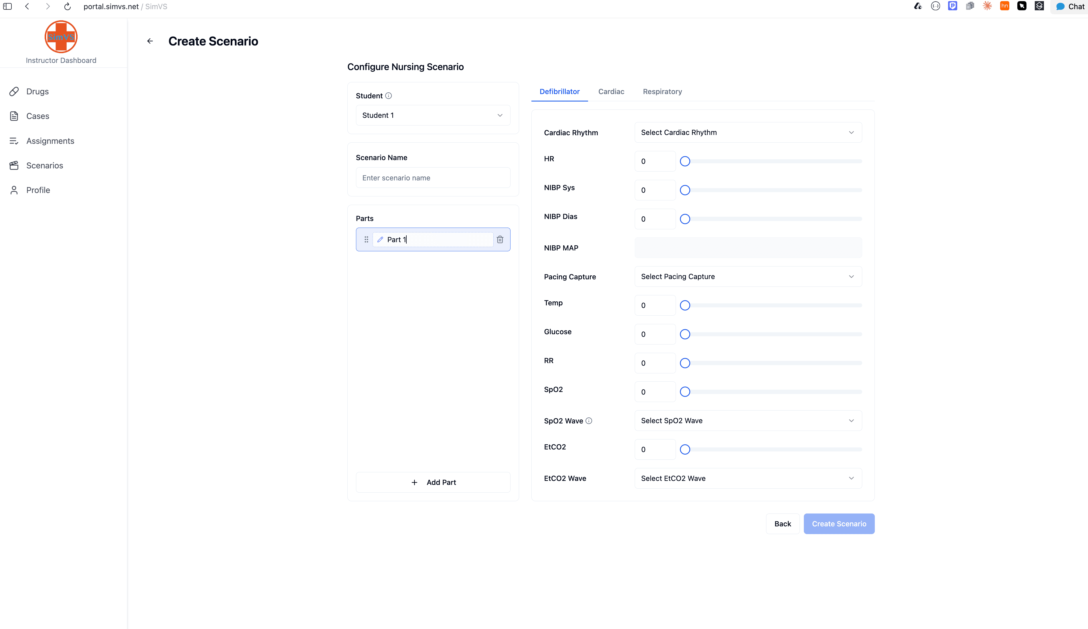 The scenario creation form with vitals configuration