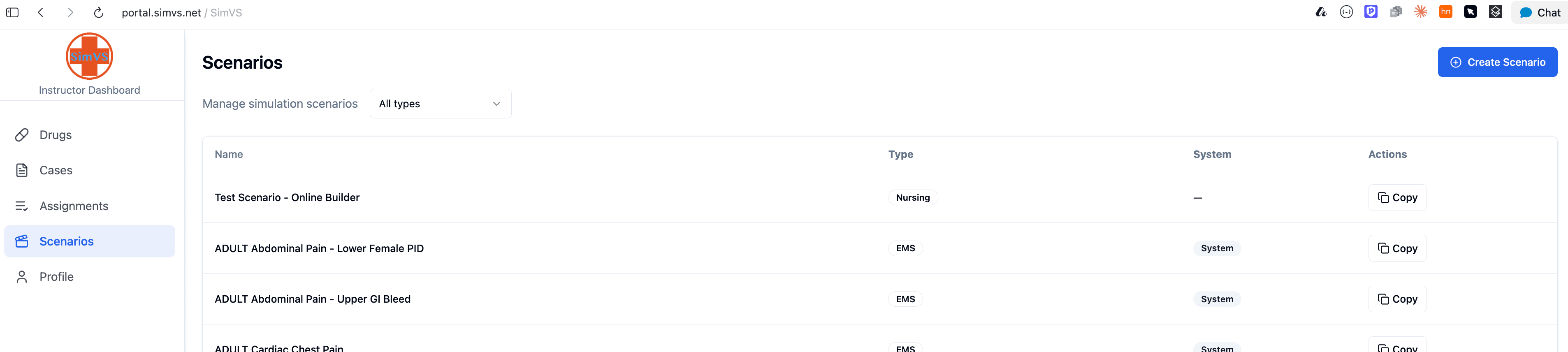 The newly created scenario now appears in the scenario list