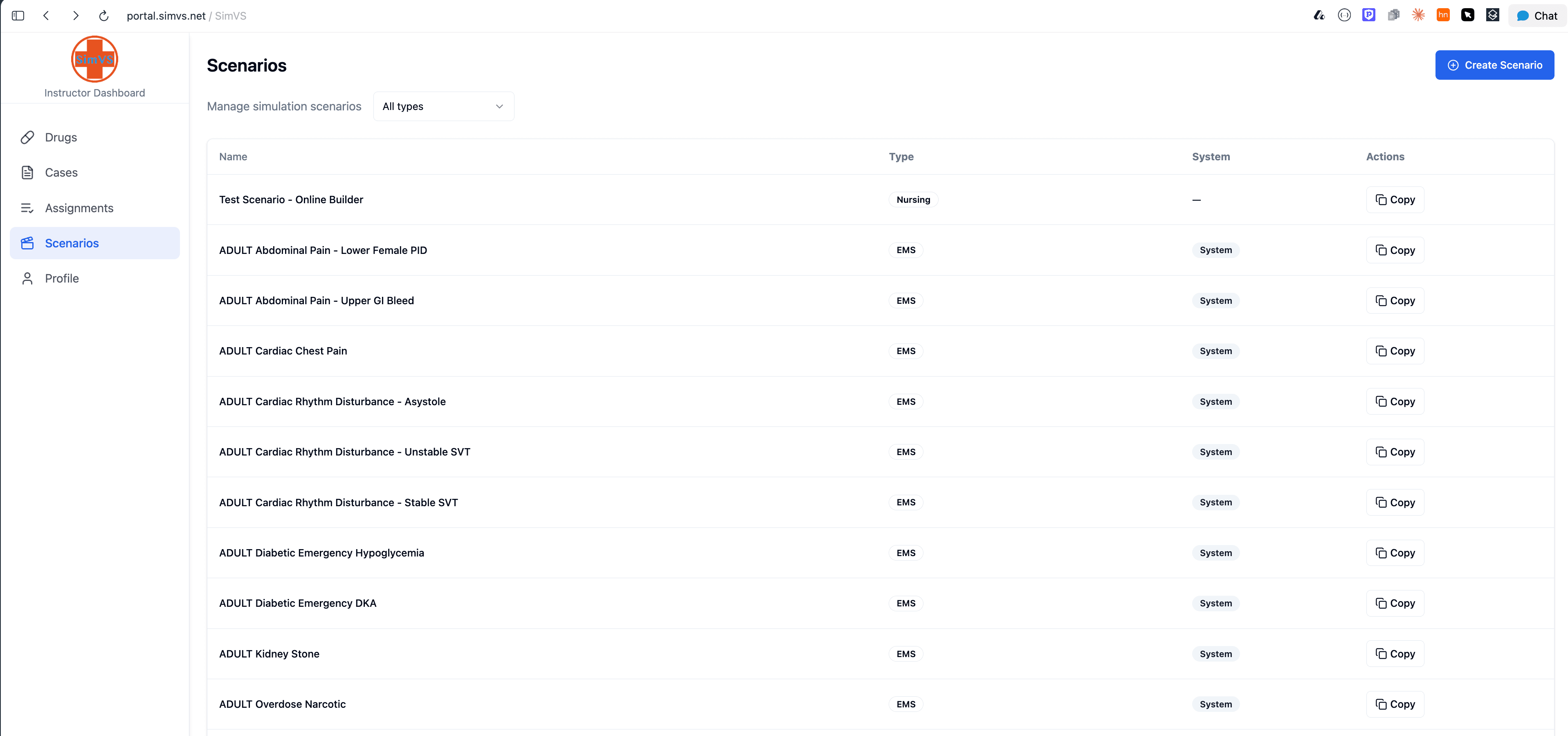 The Scenarios page — click "Create Scenario" in the upper right to begin