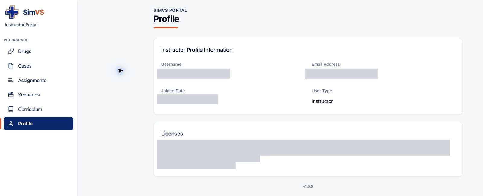 Profile workspace showing instructor account information and license details